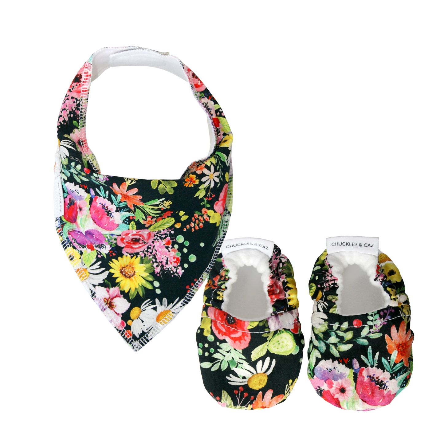 Dark Watercolour Floral Dribble Bib & Baby Booties - Gift Set - Chuckles & CazDark Watercolour Floral Dribble Bib & Baby Booties - Gift Set - Chuckles & Caz