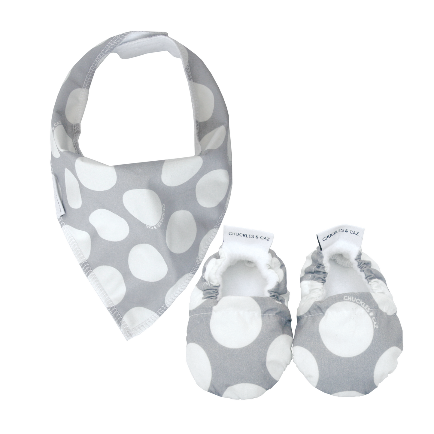 Grey Spot Baby Booties & matching Dribble Bib - Gift Set - Chuckles & Caz