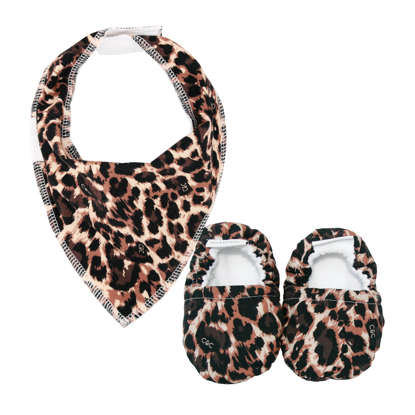 Leopard Baby Booties & matching Dribble Bib - Gift Set - Chuckles & Caz