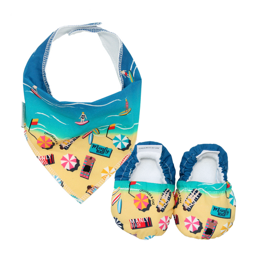 Manly Beach Baby Booties & matching Dribble Bib - Gift Set - Chuckles & Caz