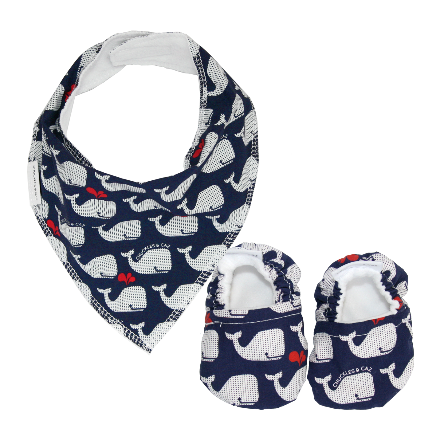 Navy & White Whales Baby Booties & matching Dribble Bib - Gift Set - Chuckles & Caz