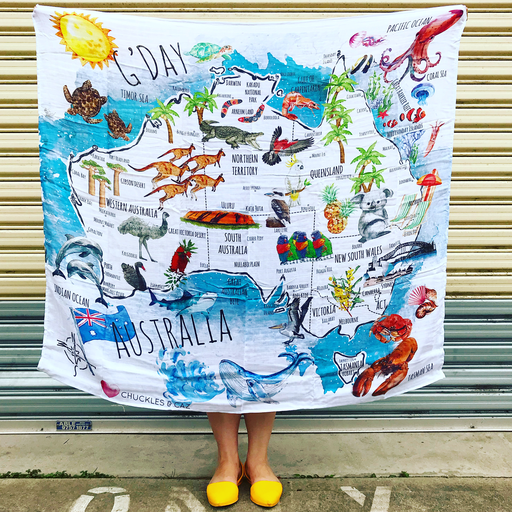Tropical Palm / Black Reversible Neoprene Tote Bag & Australian Map Muslin Swaddle - Gift Set