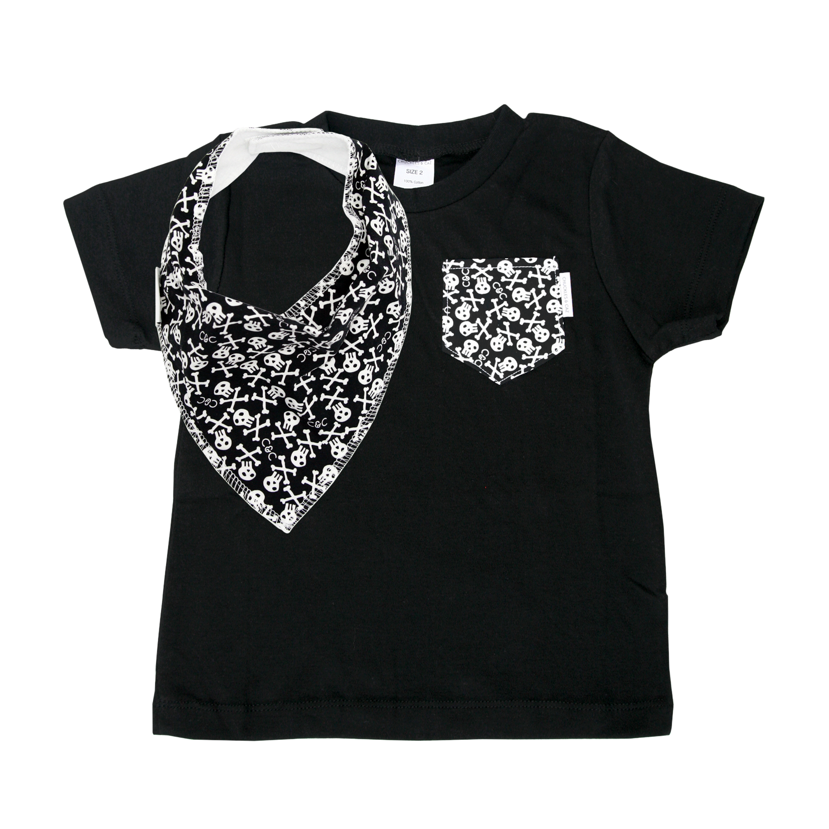 Black Tee with Mono Skullz Pocket & matching bib - Gift Set - Chuckles & Caz