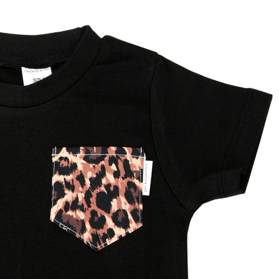 Black Tee with Leopard Pocket & matching bib - Gift Set - Chuckles & Caz