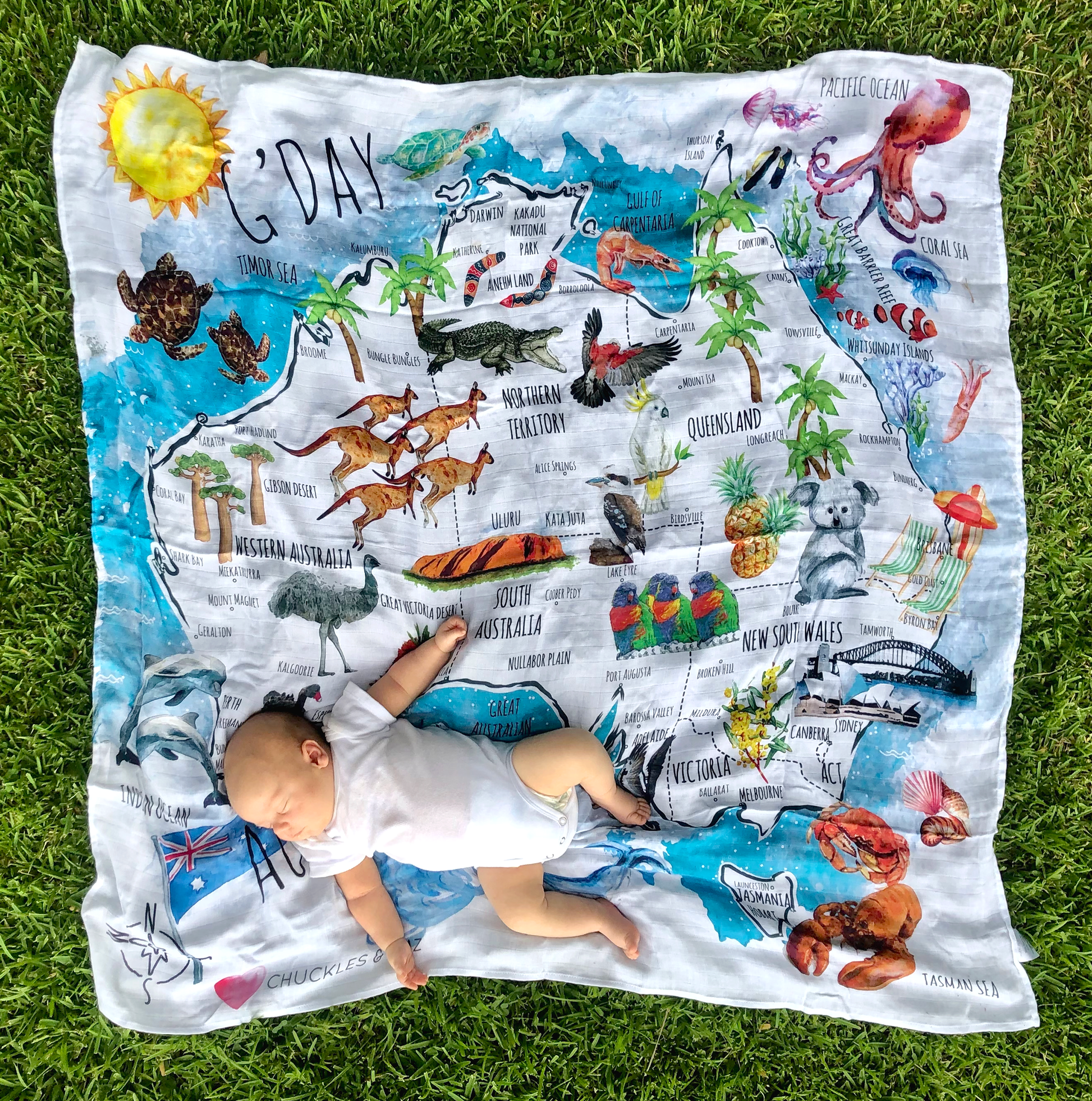 Reversible Neoprene Tote Bag, Changing Mat & Muslin Swaddle - Gift Set - Chuckles & Caz