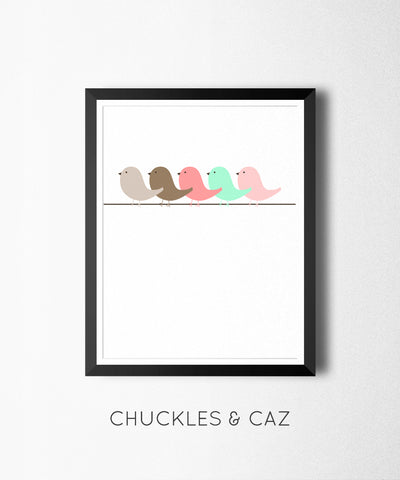 Little Coral Birds In A Row Digital Artwork - Chuckles & Caz