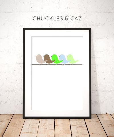 Little Green Birds In A Row Digital Artwork - Chuckles & Caz
