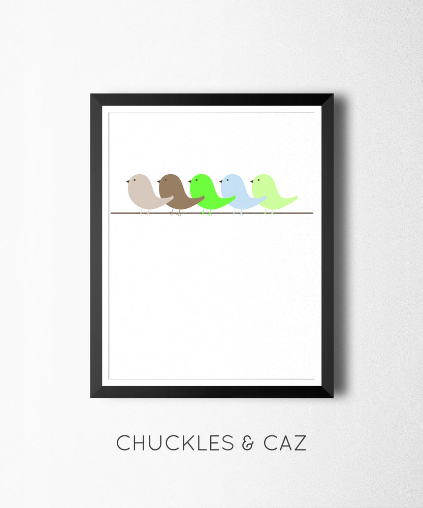 Little Green Birds In A Row Digital Artwork - Chuckles & Caz