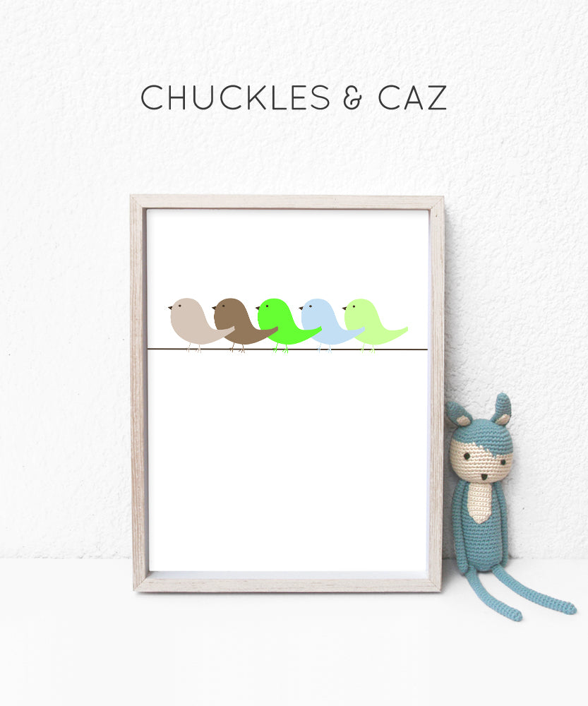 Little Green Birds In A Row Digital Artwork - Chuckles & Caz