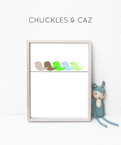 Little Green Birds In A Row Digital Artwork - Chuckles & Caz