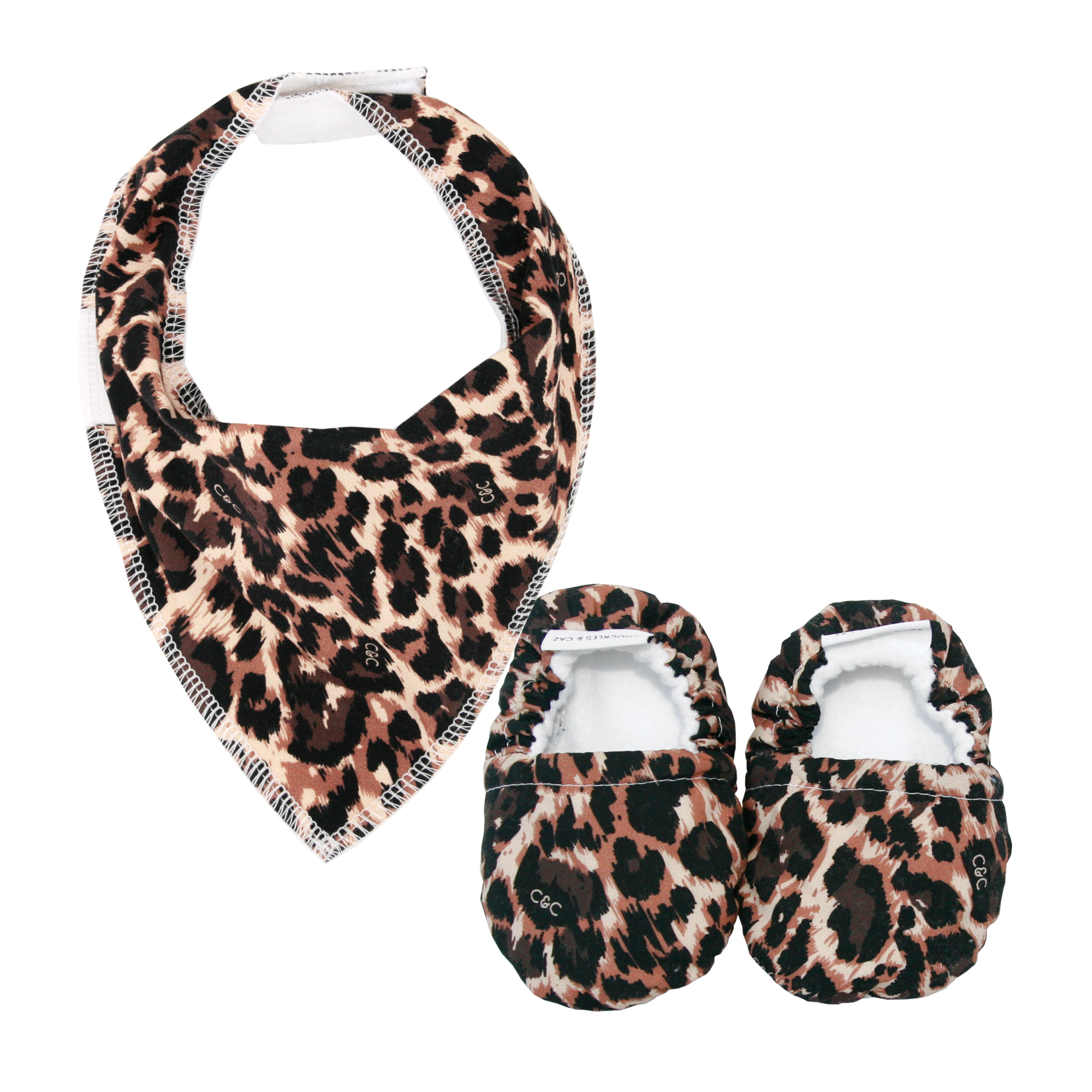 Leopard Baby Booties & matching Dribble Bib - Gift Set - Chuckles & Caz