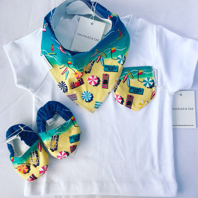 Manly Beach Baby Booties & matching Dribble Bib - Gift Set - Chuckles & Caz