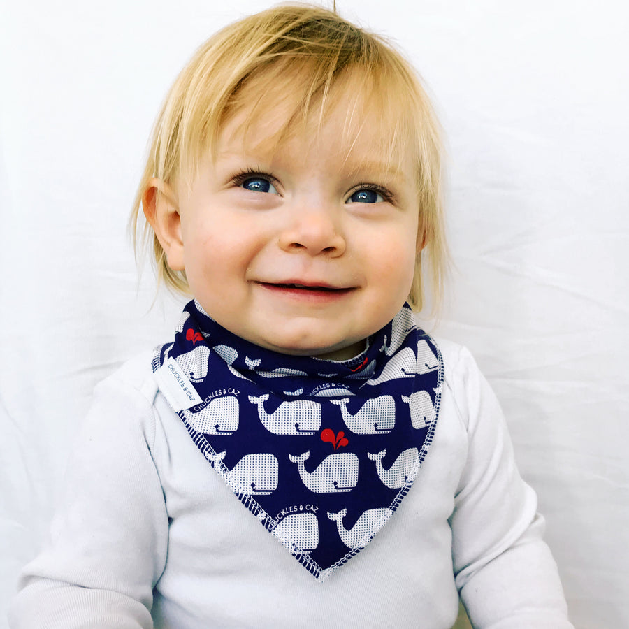 Navy & White Whales Baby Booties & matching Dribble Bib - Gift Set - Chuckles & Caz