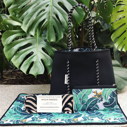 Reversible Neoprene Tote Bag, Changing Mat & Muslin Swaddle - Gift Set - Chuckles & Caz