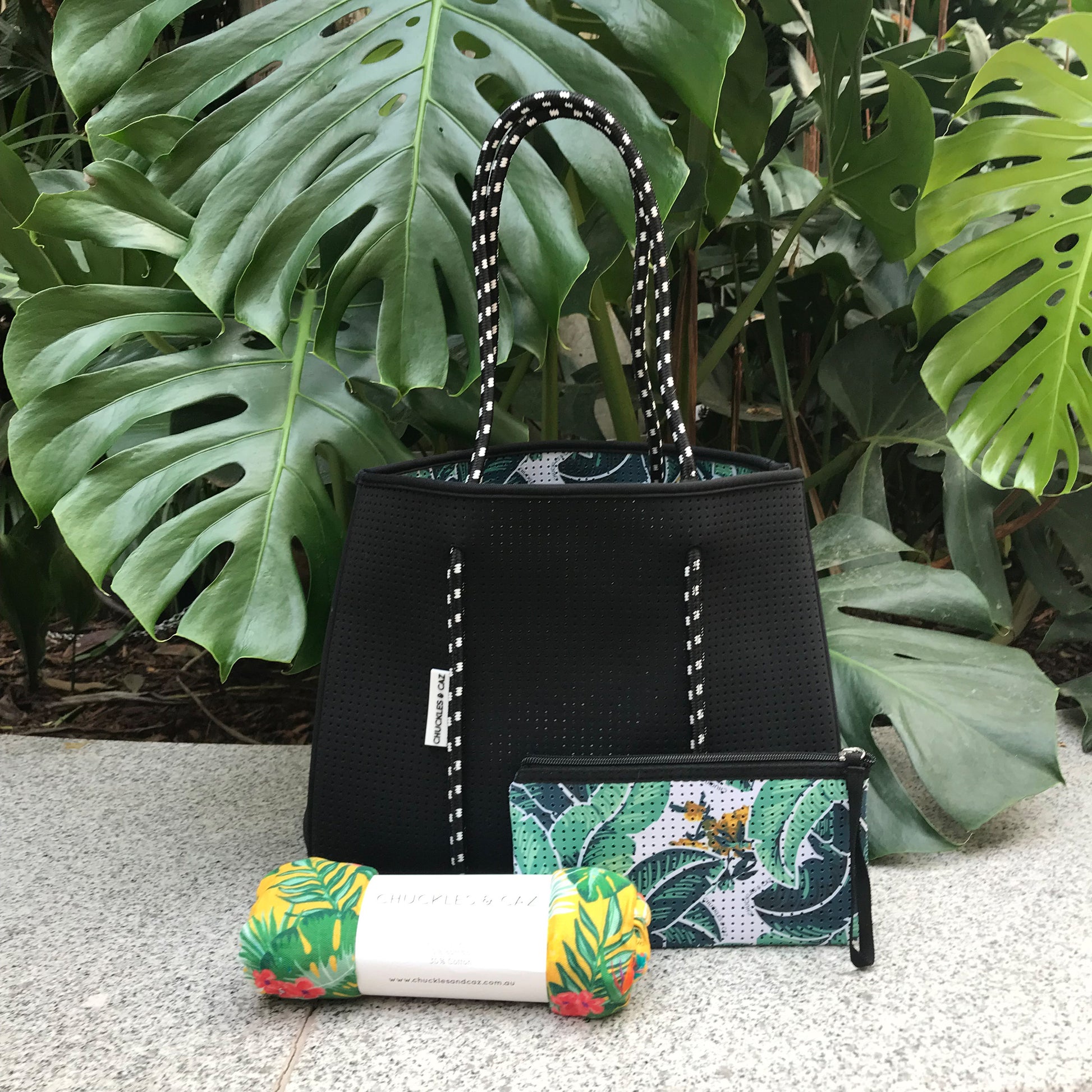 Reversible Neoprene Tote Bag, Changing Mat & Muslin Swaddle - Gift Set - Chuckles & Caz