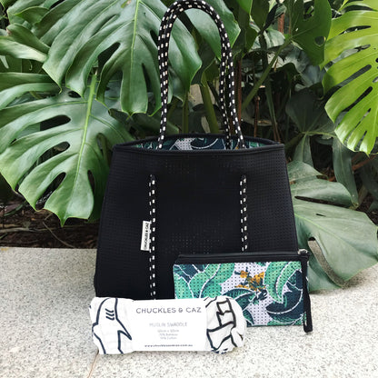 Reversible Neoprene Tote Bag, Changing Mat & Muslin Swaddle - Gift Set - Chuckles & Caz