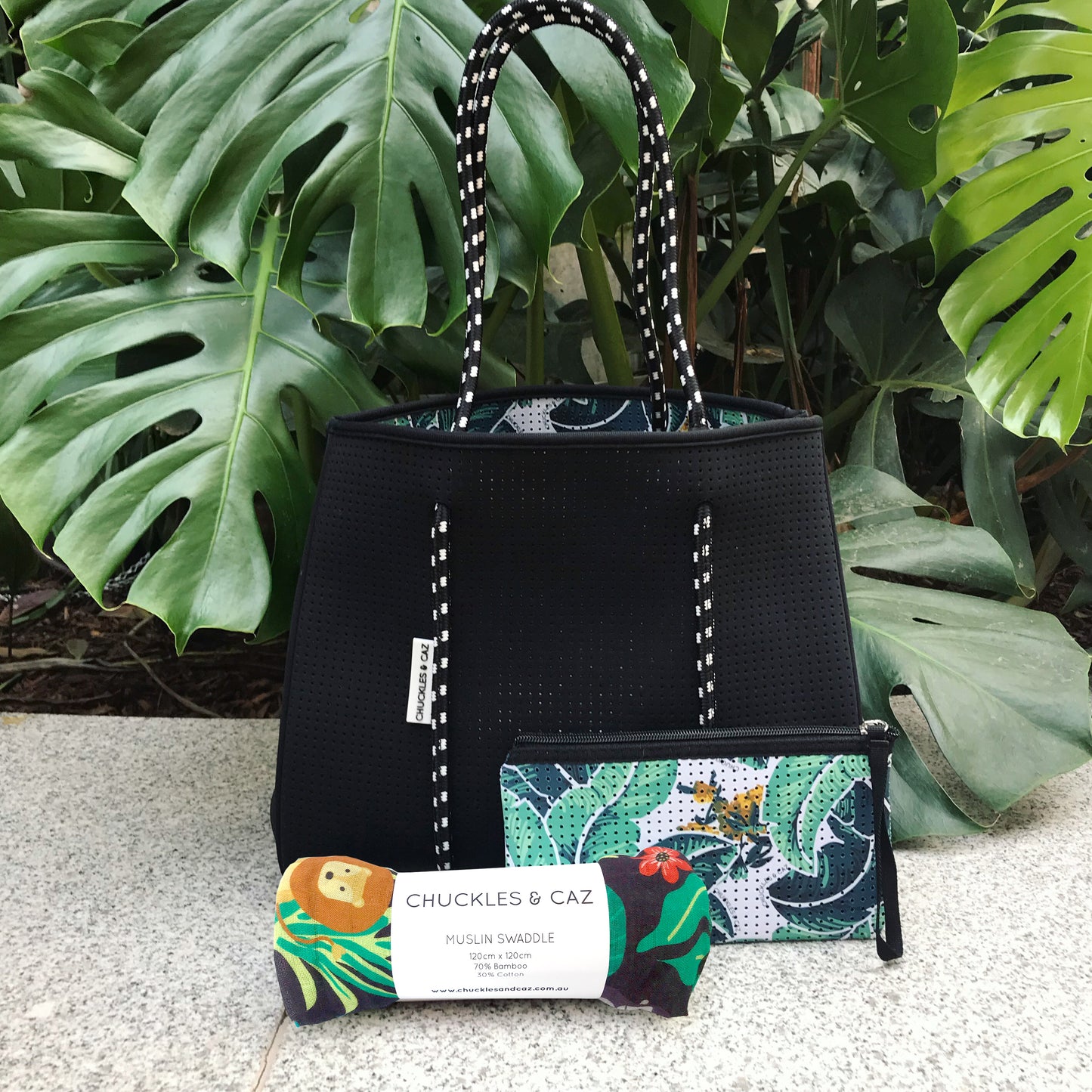 Reversible Neoprene Tote Bag, Changing Mat & Muslin Swaddle - Gift Set - Chuckles & Caz