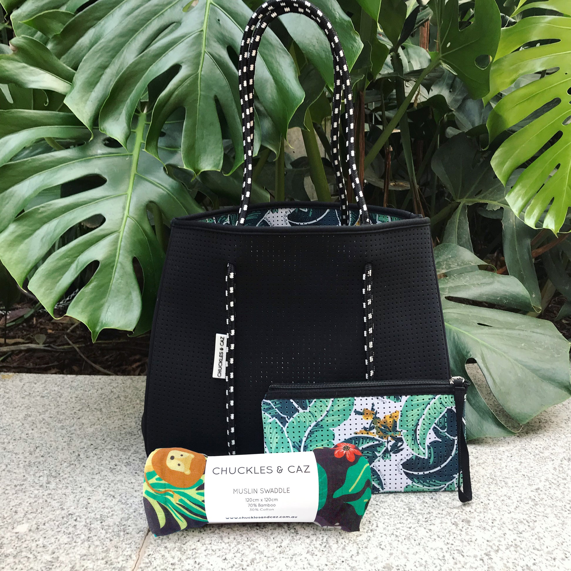 Reversible Neoprene Tote Bag, Changing Mat & Muslin Swaddle - Gift Set - Chuckles & Caz