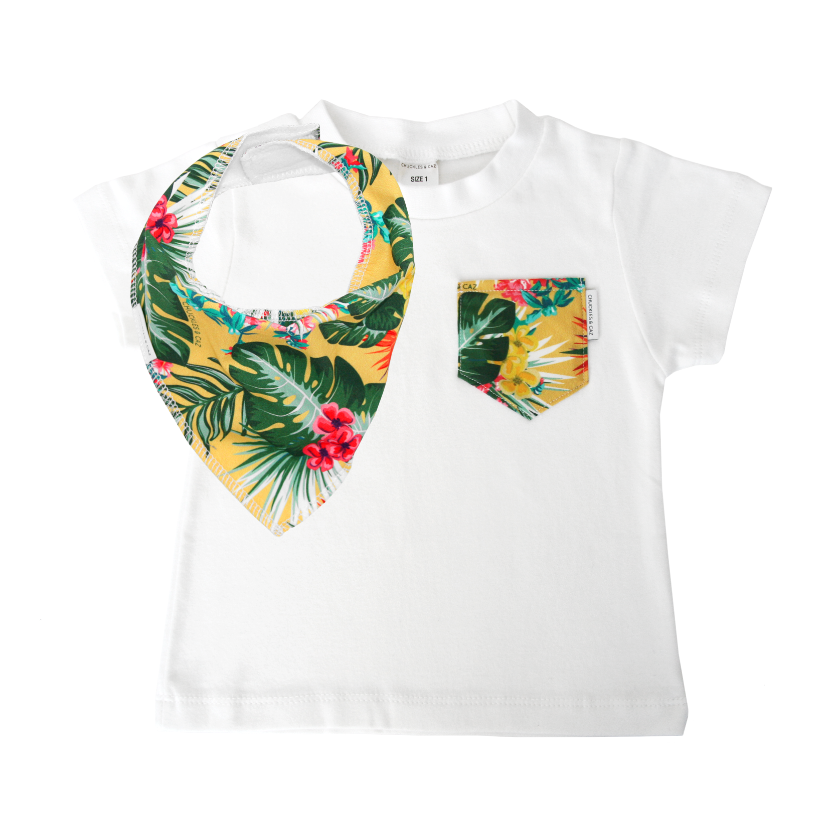 Yellow Hawaiian Print Pocket Tee & matching Dribble Bib - Gift Set - Chuckles & Caz