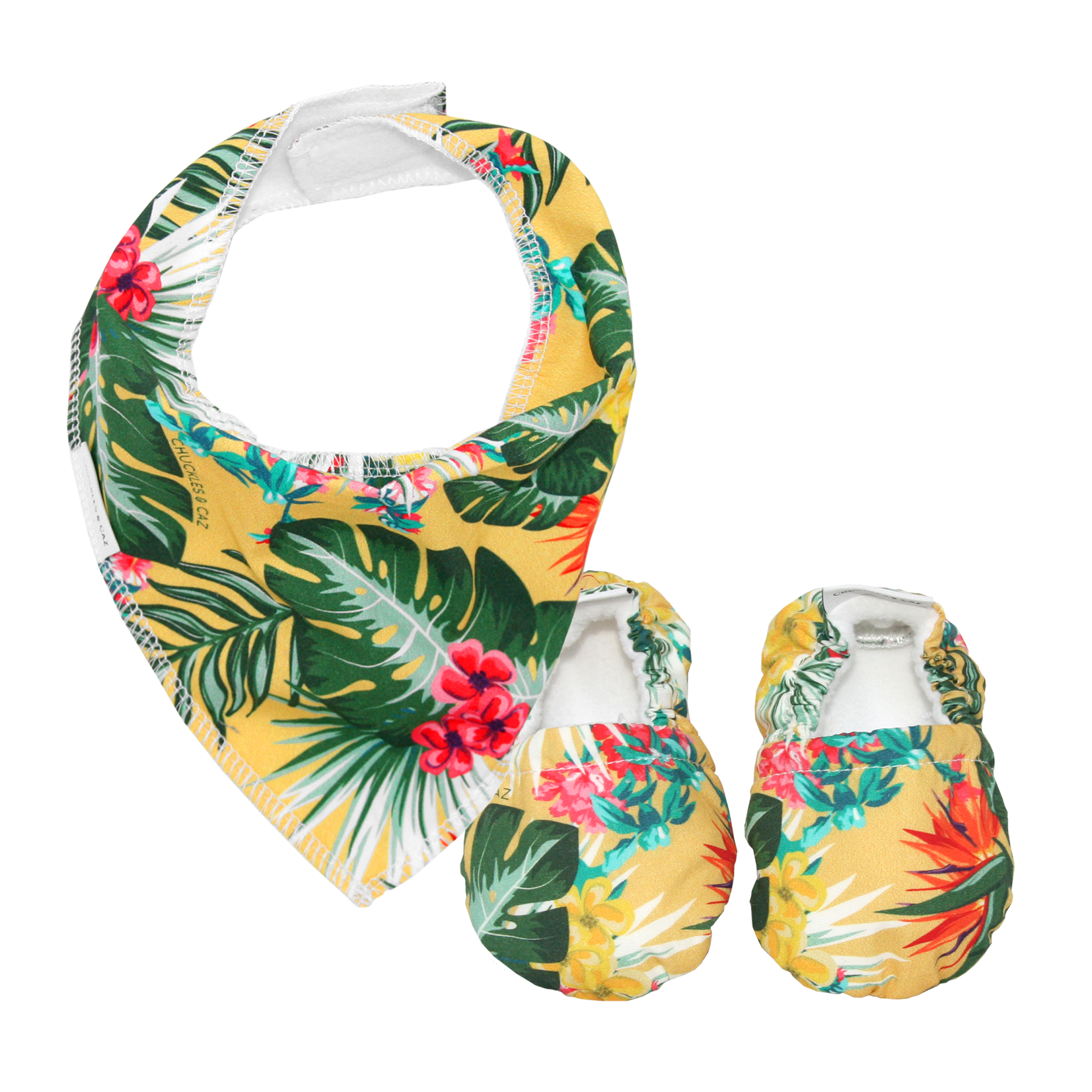 Yellow Hawaiian Baby Booties & matching Dribble Bib - Gift Set - Chuckles & Caz